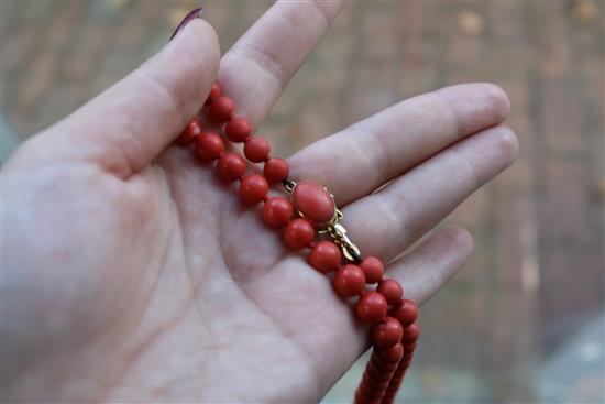 A single strand graduated coral bead necklace, with yellow metal clasp, gross weight 53 grams, 64cm.